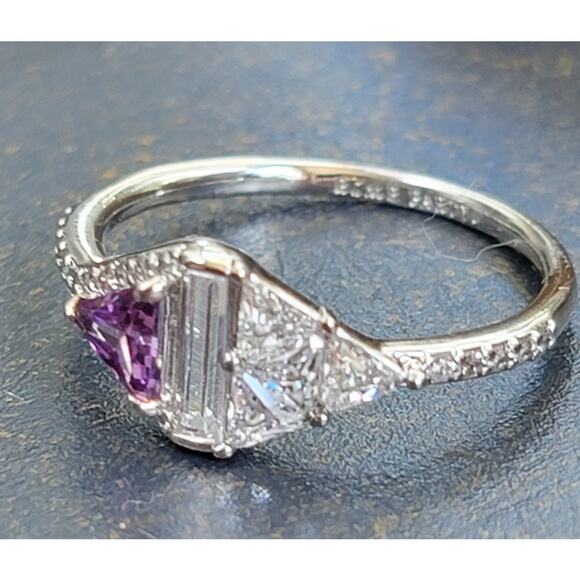 Rhodium Plated Simulated Amethyst and Diamond Ring - Size 9 - Geometric Glamour - Picture 1 of 7